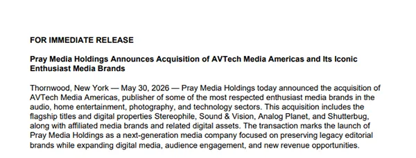 Pray Media Holdings Announces Acquisition of AVTech Media Americas and Its Iconic Enthusiast Media Brands